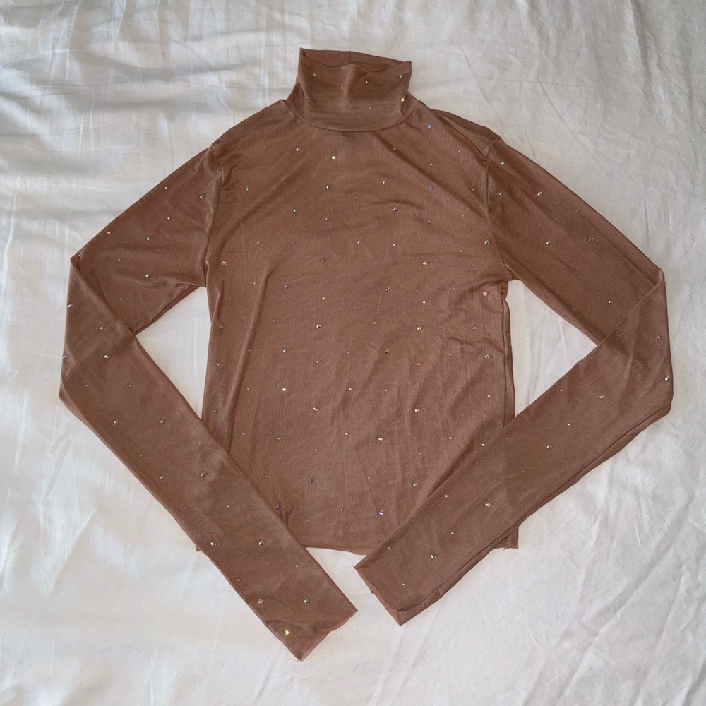 Beige Mesh Turtle Neck Top With Rhinestone Detail